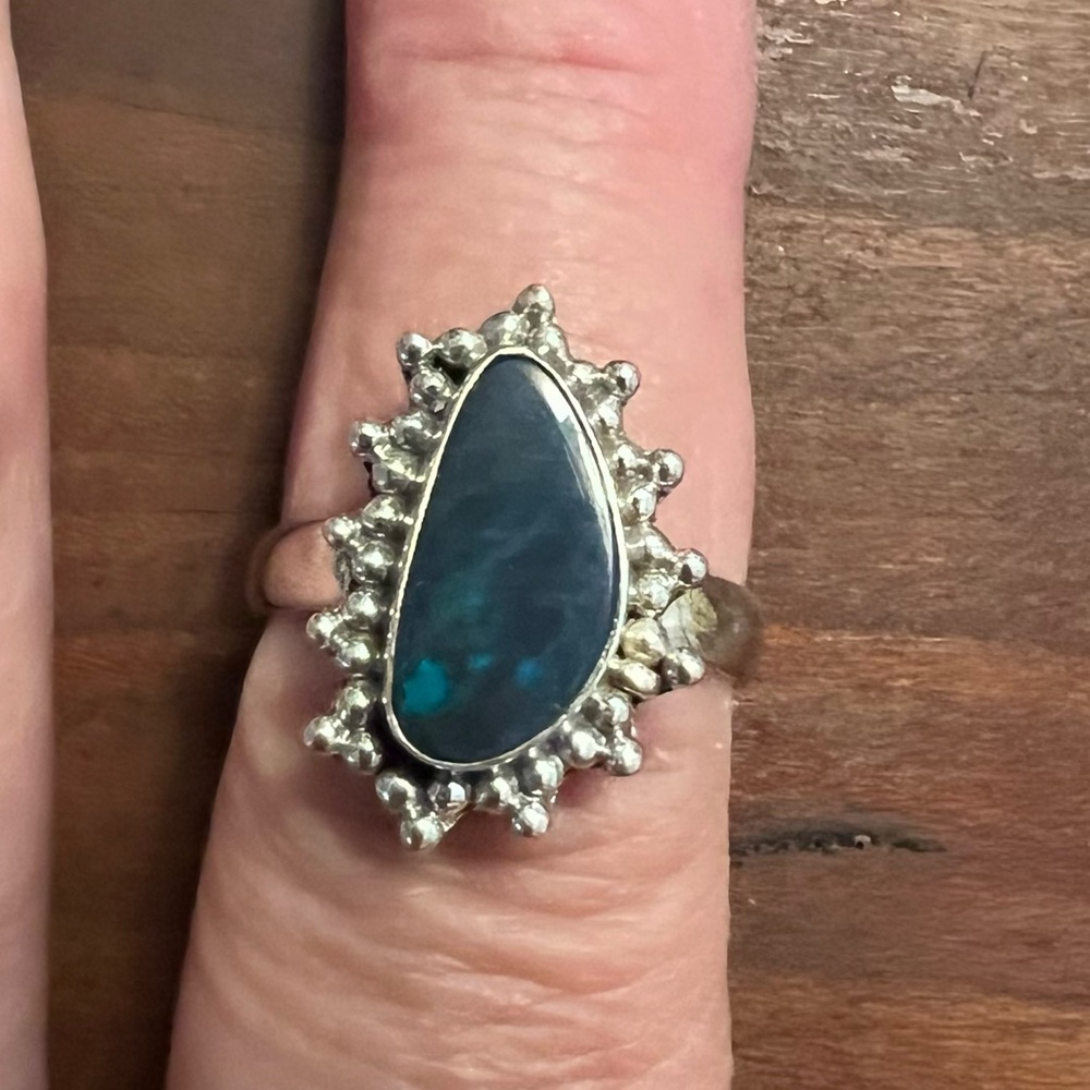 Australian Dark Blue Teal Opal Doublet 925 Silver Granulation Ring NEW 8 #528 - Picture 6 of 7